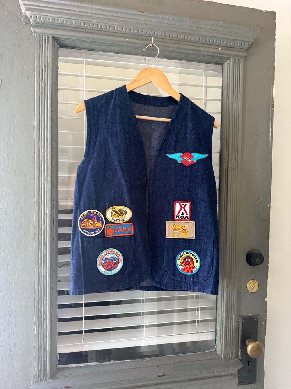 Vintage Navy Denim Vest with Colorful Travel Patches